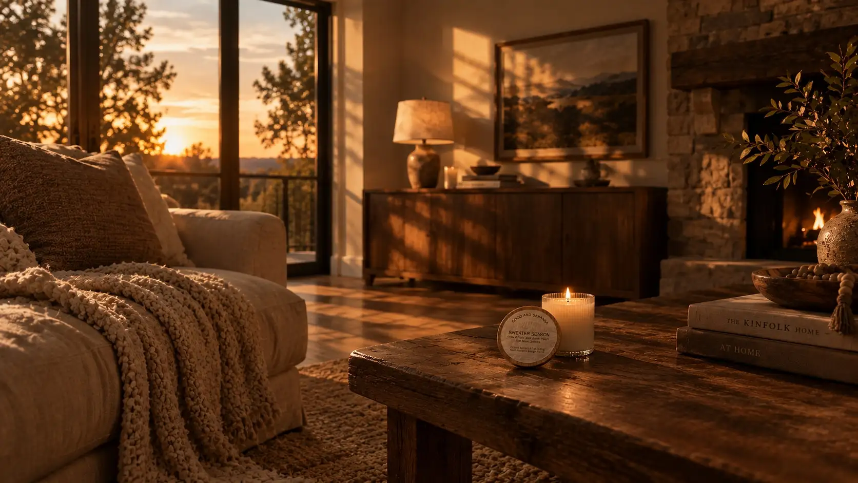 A Sweater Season candle lit on a wooden table in a living room at sunset